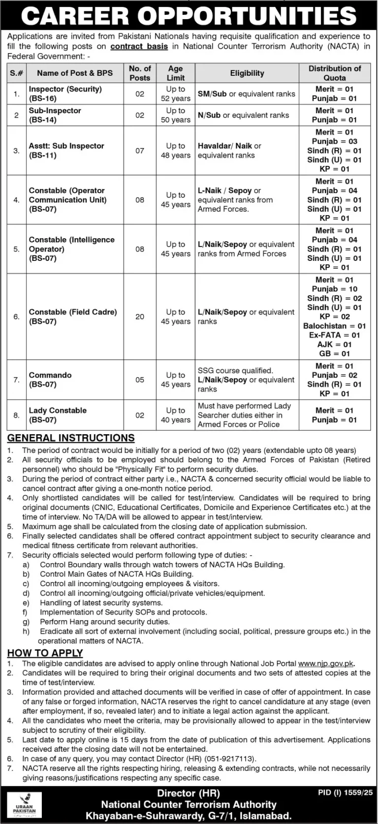 NACTA Constable Jobs august 2025 advertisement