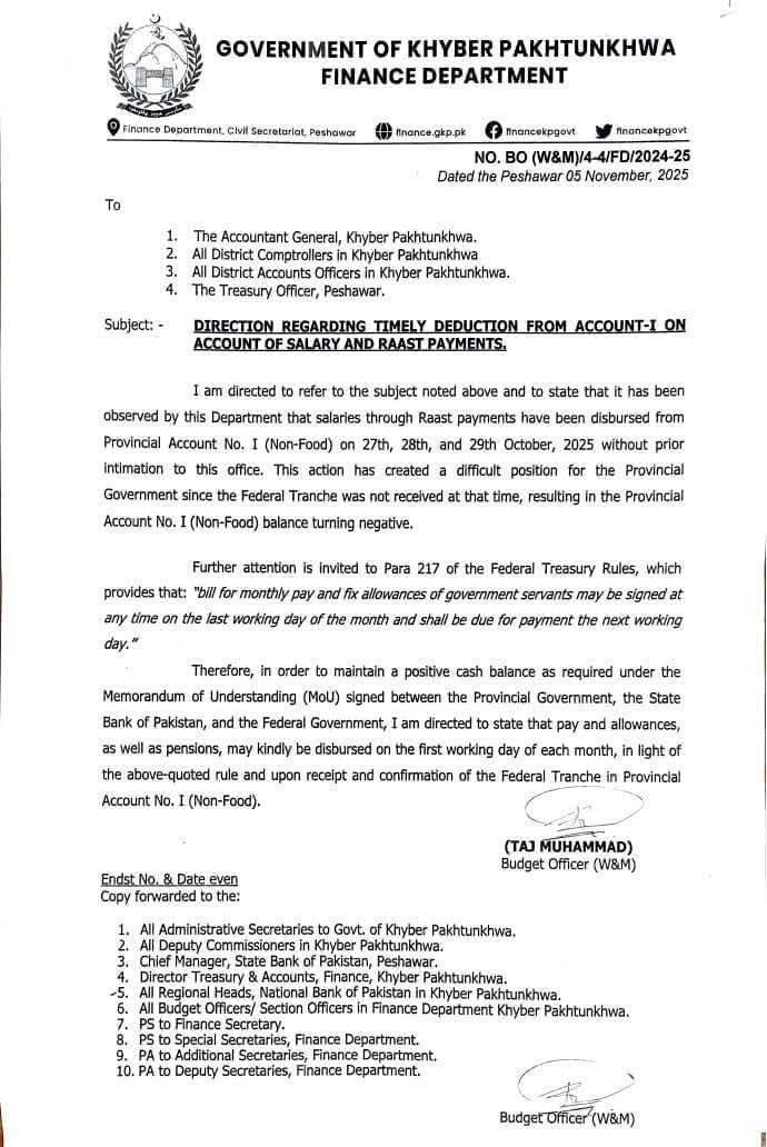 KP Finance Department Notification 2025 New Rules for Salary & Raast Payment Deduction