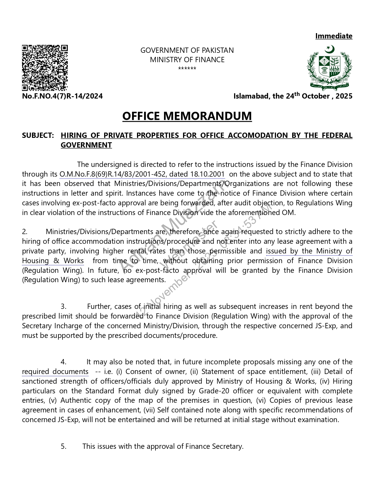 Ministry of Finance Issues New Rules for Hiring Private Properties for Office Use 