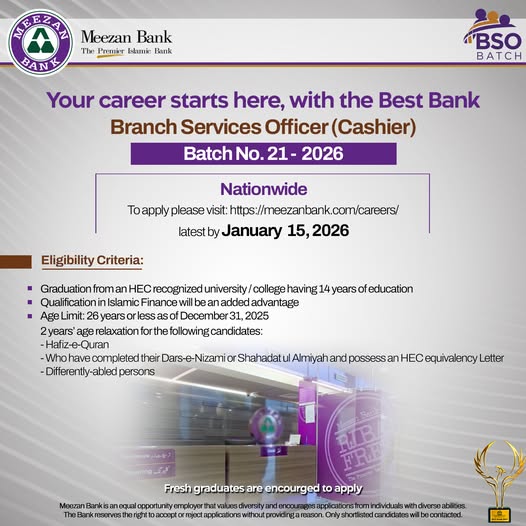 Meezan Bank Jobs 2026 for Branch Services Officer (Cashier) 