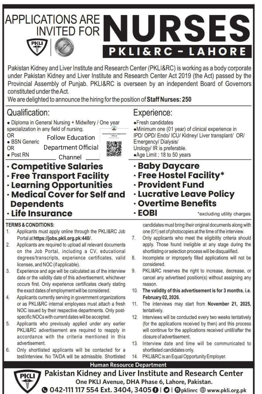 Pakistan Kidney and Liver Institute Jobs 2026 for Staff Nurses